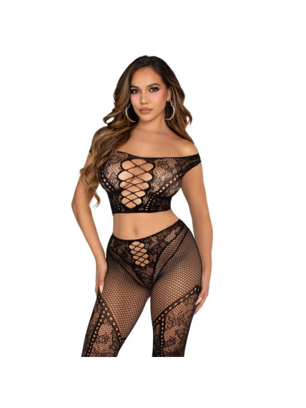 LEG AVENUE - CROP TOP E LEGGING A RETE CON SPALLE SCOPERTE NERO