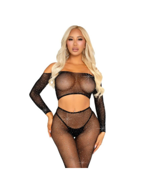 LEG AVENUE - CROP TOP E LEGGING A RETE CON STRASS NERO