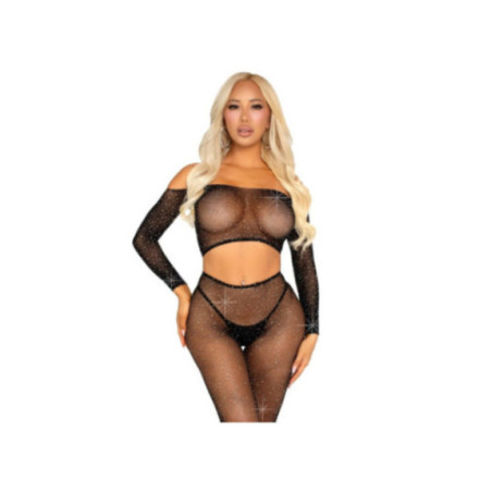 LEG AVENUE - CROP TOP E LEGGING A RETE CON STRASS NERO