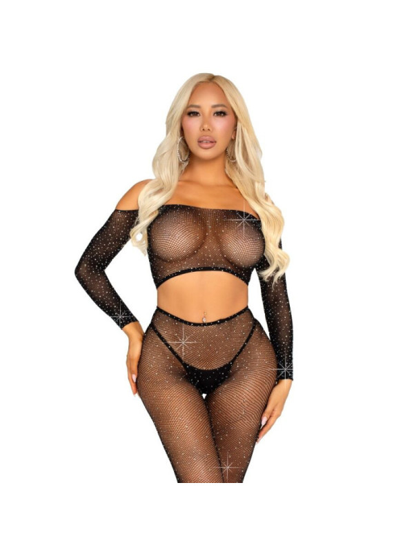 LEG AVENUE - CROP TOP E LEGGING A RETE CON STRASS NERO